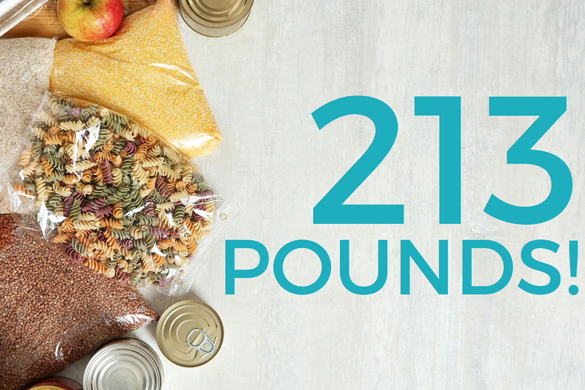 Assorted nonperishable foods and canned goods arranged next to large text reading “213 POUNDS!” on a light surface, representing a successful food drive in the Denver metro area near Sterling Ranch, Colorado.