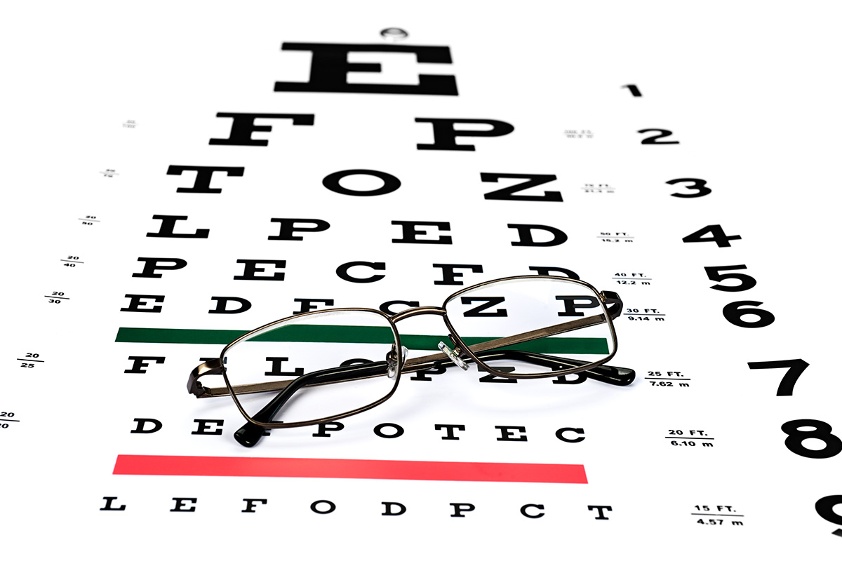 A pair of eyeglasses rests on a Snellen eye chart used for vision testing, displaying rows of black letters in decreasing size on a white background—an essential tool for eye care professionals serving communities like Sterling Ranch in the Denver metro area.