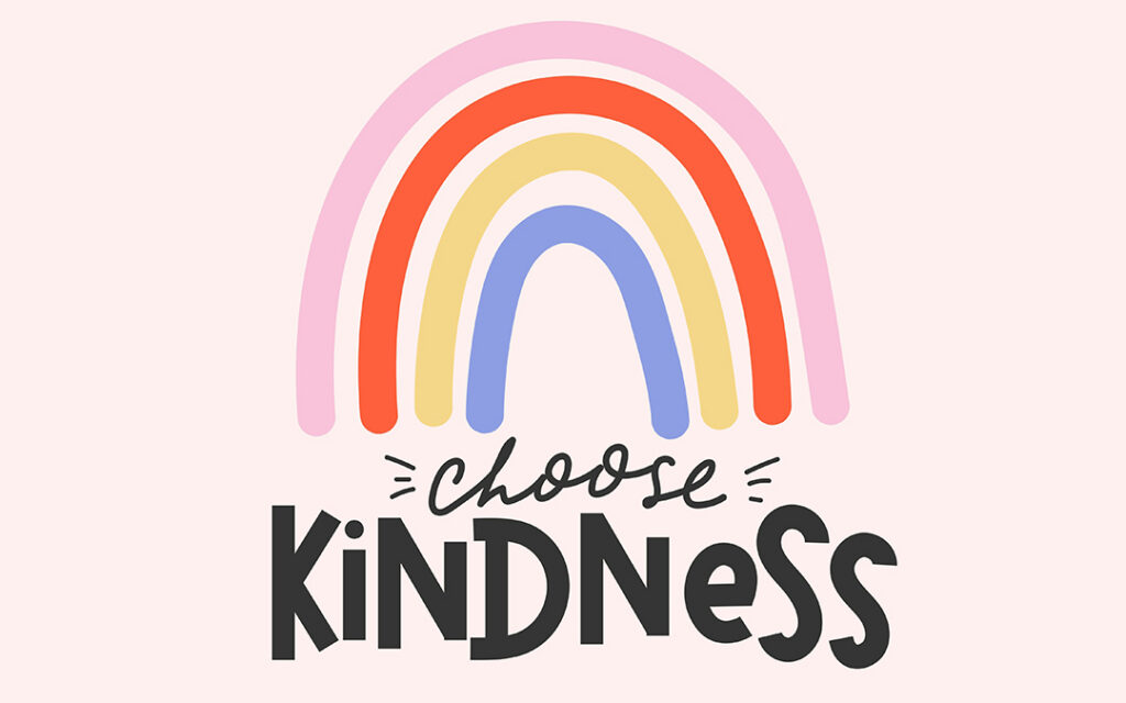 Illustration of a pastel rainbow above the words "choose kindness" in playful black lettering on a light pink background, inspired by the welcoming spirit of Sterling Ranch, southwest of Denver.