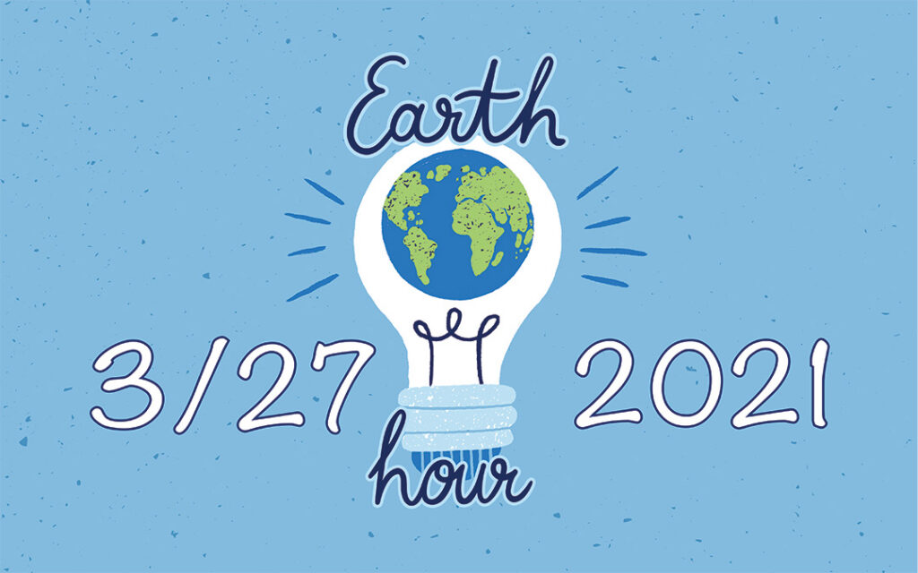 Illustration of a light bulb with Earth inside, surrounded by the words "Earth Hour 3/27 2021" on a blue background—a perfect image to represent sustainability efforts in communities like Sterling Ranch Colorado, southwest of Denver.