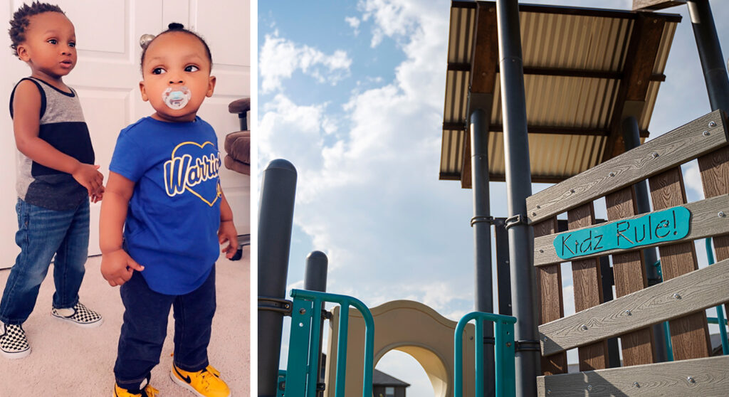Two young children stand indoors in a cozy Sterling Ranch, CO home, one with a pacifier, while an outdoor playground structure displays a "Kidz Rule!" sign under a partly cloudy sky—capturing the family-friendly spirit of the Denver metro community.