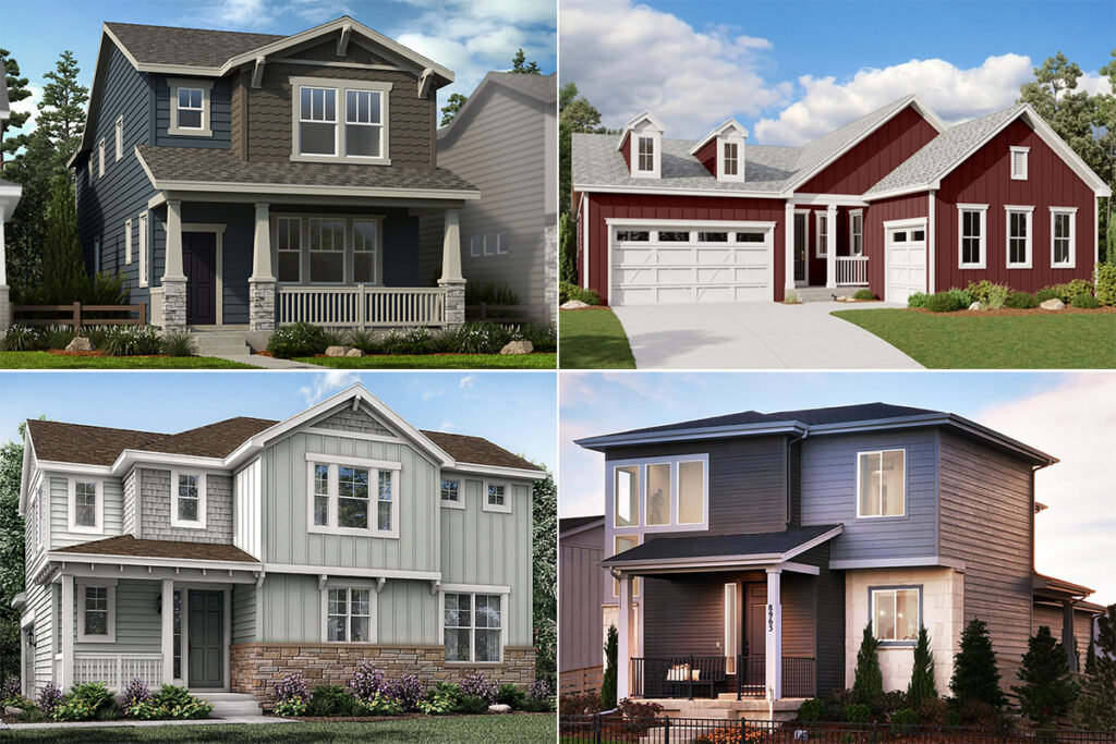 Collage of four modern suburban houses, each with different exterior styles and colors, shown in daylight with landscaped yards—perfectly capturing the contemporary charm of Sterling Ranch in Littleton, CO, just southwest of Denver.