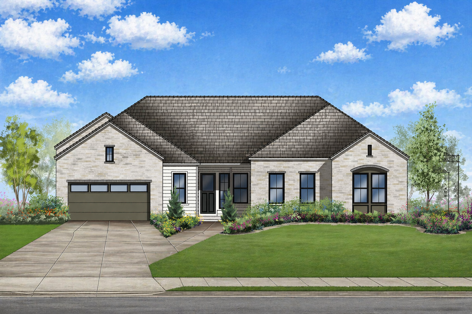 A modern single-story house with a gray brick exterior, two-car garage, large windows, and landscaped front yard under a blue sky with scattered clouds.