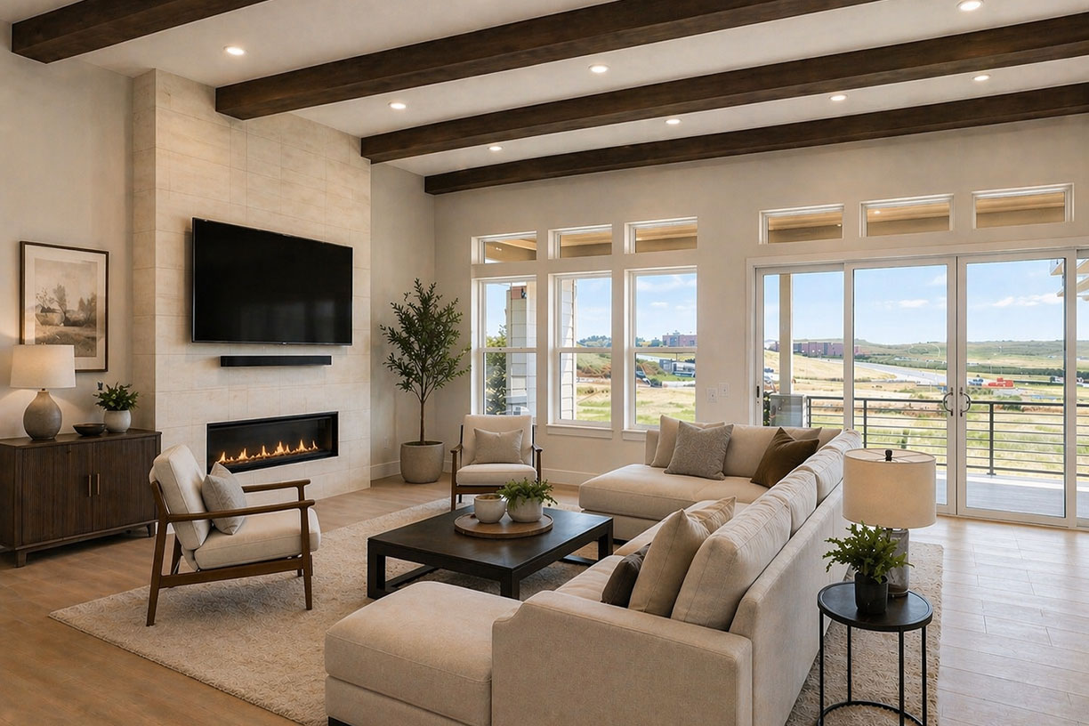 Modern living room with beige sofas, a coffee table, armchair, wall-mounted TV above a fireplace, large windows, exposed ceiling beams, and sliding glass doors overlooking an outdoor landscape.